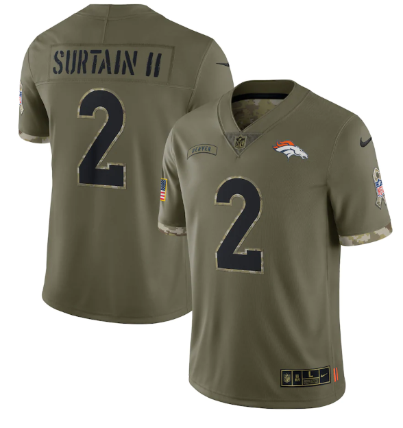Men's Denver Broncos #2 Pat Surtain II Olive 2022 Salute To Service Limited Stitched Jersey Men's Denver Broncos #2 Pat Surtain II Olive 2022 Salute To Service Limited Stitched Jersey